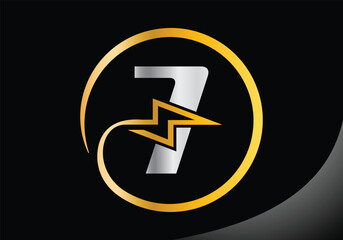 Letter 7 with lighting thunder bolt Logo Design Vector Template.