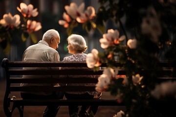 Elderly couple sitting on a bench in park, flowers all around, loneliness - obrazy, fototapety, plakaty
