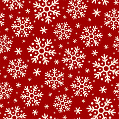 Naklejka na ściany i meble Small white snowflakes isolated on a red background. Cute monochrome holiday seamless pattern. Vector simple flat graphic illustration. Texture.
