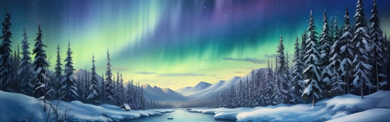 Aurora Borealis Northern Lights night peaceful landscape - obrazy, fototapety, plakaty