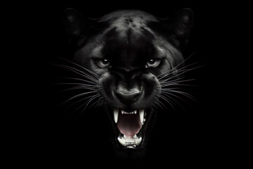 Portrait of a angry black panther with open mouth on a black background. ai generative - obrazy, fototapety, plakaty