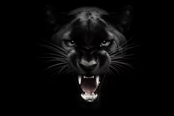 Fotobehang Portrait of a angry black panther with open mouth on a black background. ai generative © Igor