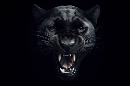 Portrait of a angry black panther with open mouth on a black background. ai generative