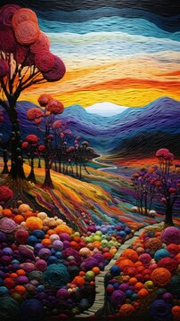 Embroidered landscape with textured swirls of vibrant thread. Colorful embroidered fantastic scene of rolling hills, trees, and flowing river. Embroidery, textile art, craftsmanship, vivid textures