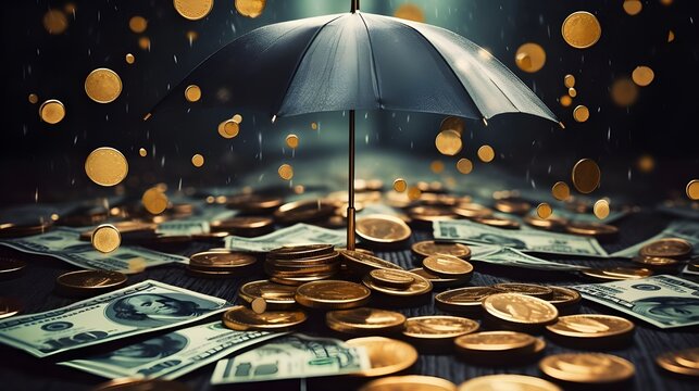 image of an umbrella and money raining, gold coins and dollar bills scattered on the ground, concept of money