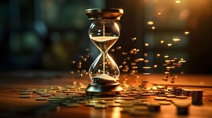 An Hourglass with dollar bills scattered on the floor, time is a money concept. time is running out, countdown, deadline	

