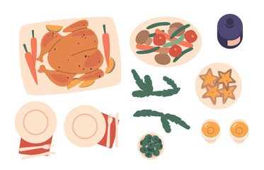 Set Of Festive Christmas Foods And Items. Turkey And Meals On Plates, Elegant Red And Green Decor, Cartoon Vector Icons