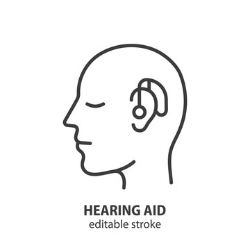 Head of a man with a hearing aid line icon. Symbol of deafness. Editable stroke. Vector illustration.