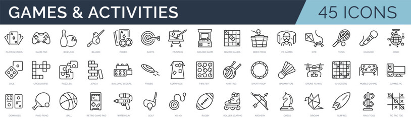 Set of 45 outline icons related to games, sports, activities. Linear icon collection. Editable stroke. Vector illustration © SkyLine