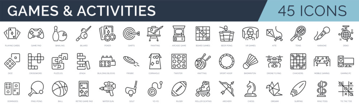 Set of 45 outline icons related to games, sports, activities. Linear icon collection. Editable stroke. Vector illustration