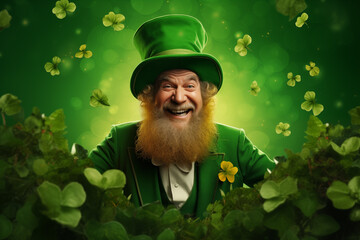 funny smiling old irish leprechaun with flying four leaf clover on green background. ireland culture saint patricks day party concept - 681142511