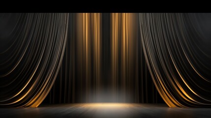 The empty background is a theater stage with black gold velvet curtains. Backstage under spotlights and spotlights.