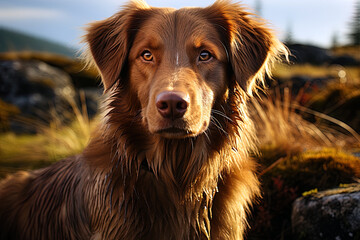 Portrait of Scotia Retriever on a nature background, close up cropped photo. Ai art