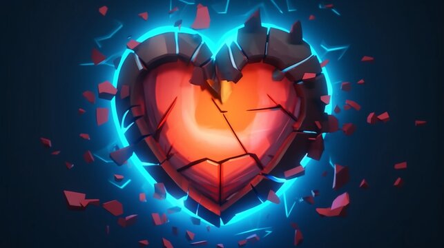 2D cartoon giant heart broken in half.Simplify art.Generative AI