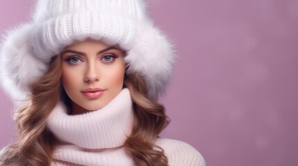 a woman with long hair wearing a white knitted hat and a fur pom - pom around her neck. - obrazy, fototapety, plakaty
