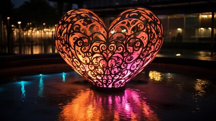 A beautiful water fountain with heart-shaped patterns illuminated by soft, changing colors.