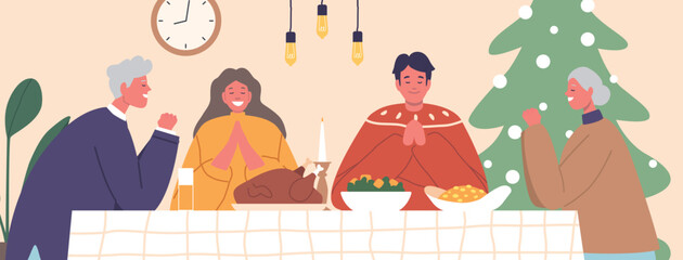 Gathered Around Festive Table, Family Bows In Christmas Prayer, Hands Joined, Hearts Grateful. Glow Of Love And Holiday