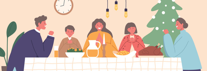 Gathered Around The Festive Table, A Family Bows Heads In Christmas Prayer, Expressing Gratitude And Love