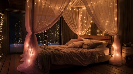 A bedroom with a canopy adorned with cascading fairy lights and heart-shaped drapes.