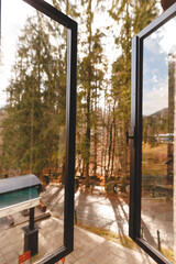 A Glimpse of Nature's Majesty Through the Grand Window of Peles Castle