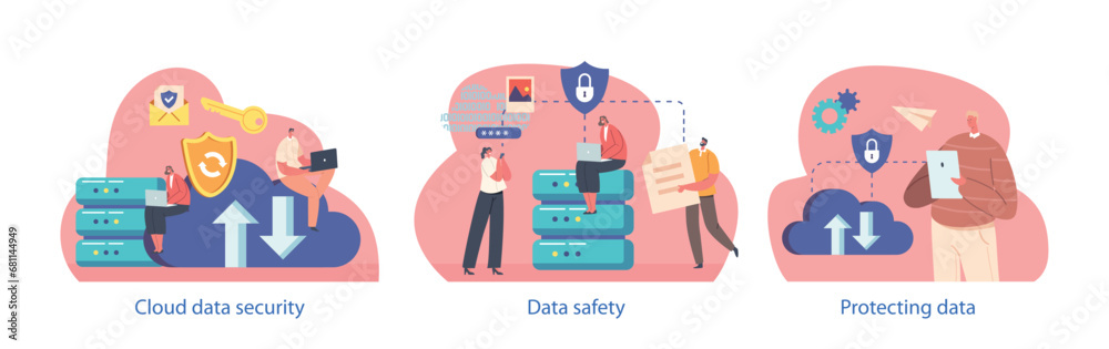 Poster isolated vector elements with characters perform cloud data safety scenes, ensure secure storage, en