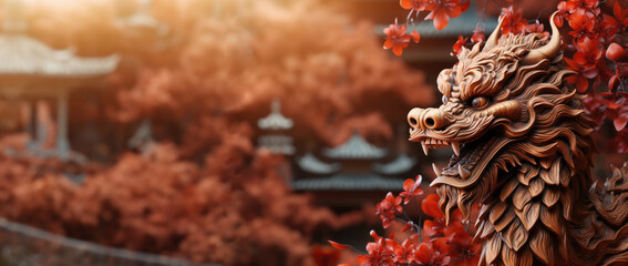 Thai dragon on the background of flowering gardens, Chinese new year holiday, banner with space for your text