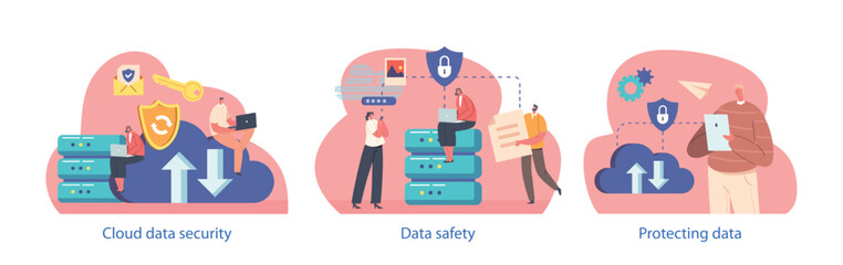 Isolated Vector Elements With Characters Perform Cloud Data Safety Scenes, Ensure Secure Storage, Encryption, And Backup