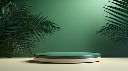An abstract green podium with palm leaves