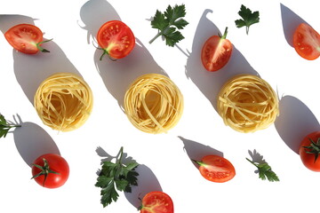Round spaghetti in the form of a nest with red ripe tomatoes lies on a white background.