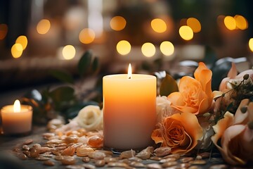 Burning candle and flowers on table in spa salon, closeup