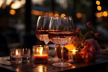 Two glasses of rose wine on a table in a restaurant with candles and flowers