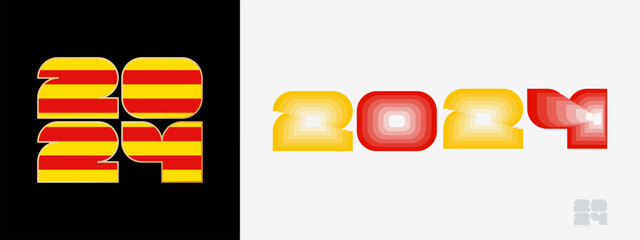 Year 2024 with flag of Catalonia and in color palate of Catalonia flag. Happy New Year 2024 in two different style. - obrazy, fototapety, plakaty