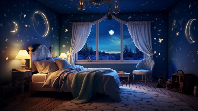 A bedroom with heart-shaped wall decals and a dreamy, starry night sky projection.