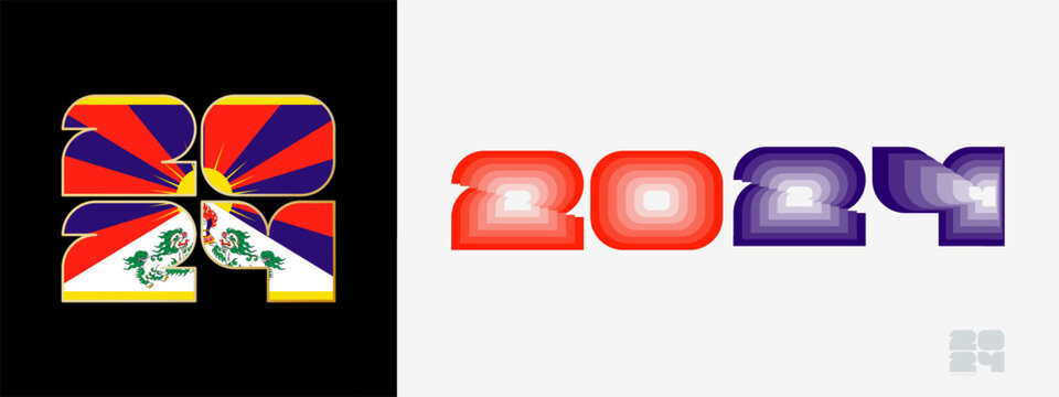 Year 2024 with flag of Tibet and in color palate of Tibet flag. Happy New Year 2024 in two different style.
