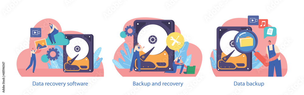 Poster isolated elements with characters perform backup and data recovery scenes, ensure safety of vital in