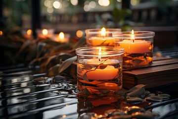 Burning candles in glass on table in spa salon, closeup
