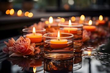 Burning candles and flowers on table in spa salon, closeupv