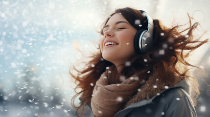 beautiful winter portrait of a girl in big headphones smiles. hair flutters in the wind with snowflakes