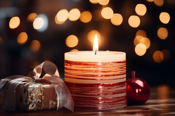 Christmas candle and gift box on wooden table with bokeh background