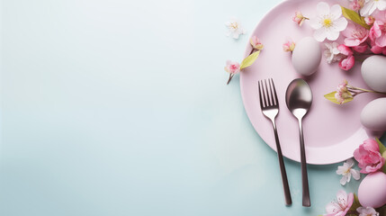 beautiful easter eggs, flowers and plate with cutlery on a pastel background. easter frame layout. place for text. copy space. flat lay. top view