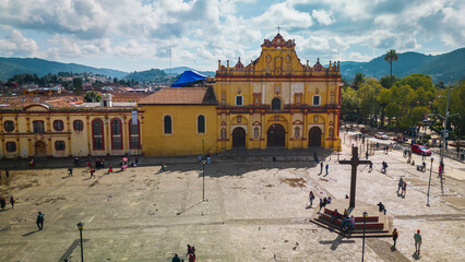 Aerial Drone Fly Above Cathedral Landmark of San Cristobal de las Casas Mexico Chiapas Latin City