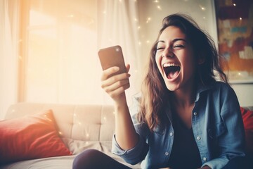 A joyous young woman at home, holding a smartphone, expresses happiness, gazes at the mobile screen, and triumphantly gestures yes—a celebration of technology's positive impact on her life - obrazy, fototapety, plakaty