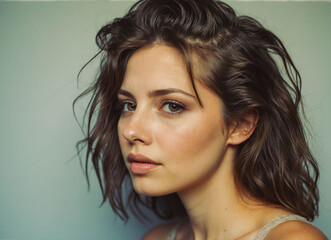 Naklejka premium Portrait of a young woman with natural makeup and natural styling. Natural beauty, skincare, cosmetology concept