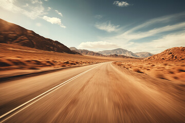 Fototapeta na wymiar Desert highway road. Car trip along desert mountain landscape.