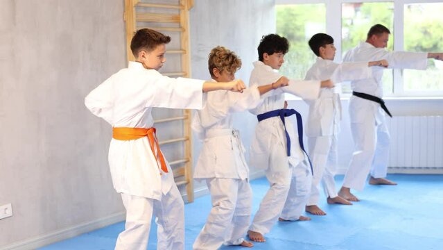 Group of children posing together, practicing karate moves at class indoor in sports gym
