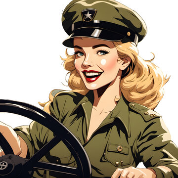 a military woman driving a jeep, pin-up style