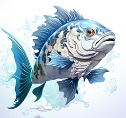 A blue fish with white and gold designs on it's body