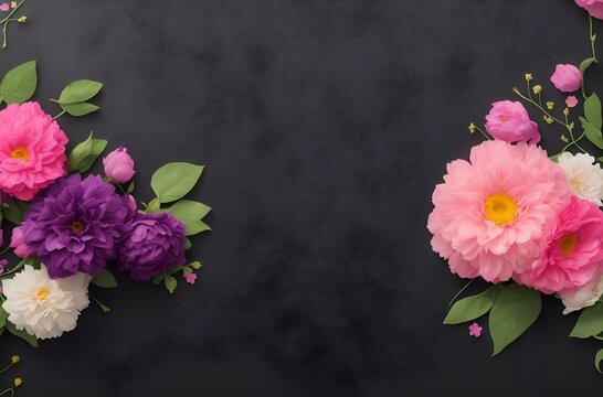 Flowers on black color backdrop for a banner. Greeting card template for weddings, mothers' days, and women's days. Copy space in a springtime composition. Flat lay design