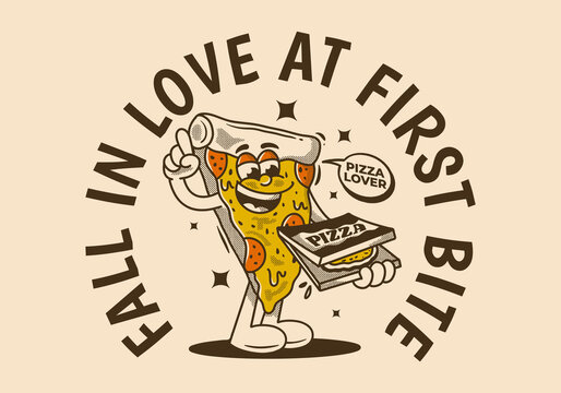 Fall in love at first bite. Character of pizza holding a box pizza