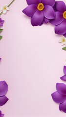 Flowers on Violet color backdrop for a banner. Greeting card template for weddings, mothers' days, and women's days. Copy space in a springtime composition. Flat lay design. Violet flowers border